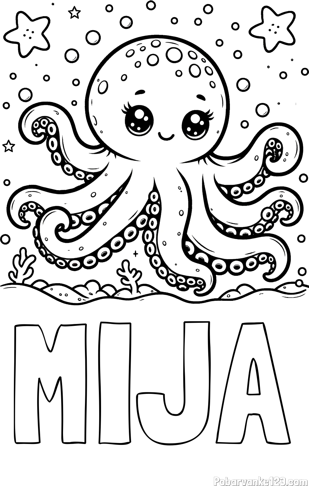 Pobarvanka imena MIJA in pobarvanka hobotnice v morju obdane z morskimi zvezdami