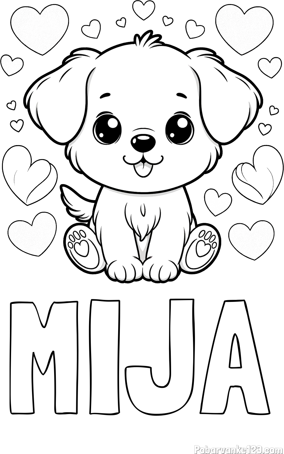 Pobarvanka imena MIJA in pobarvanka ljubkega kužka obdanega s srčki