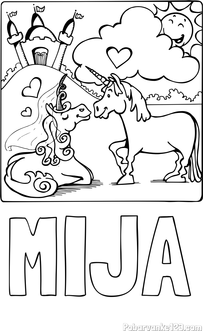 Pobarvanka imena MIJA in pobarvanka zaljubljenih samorogov