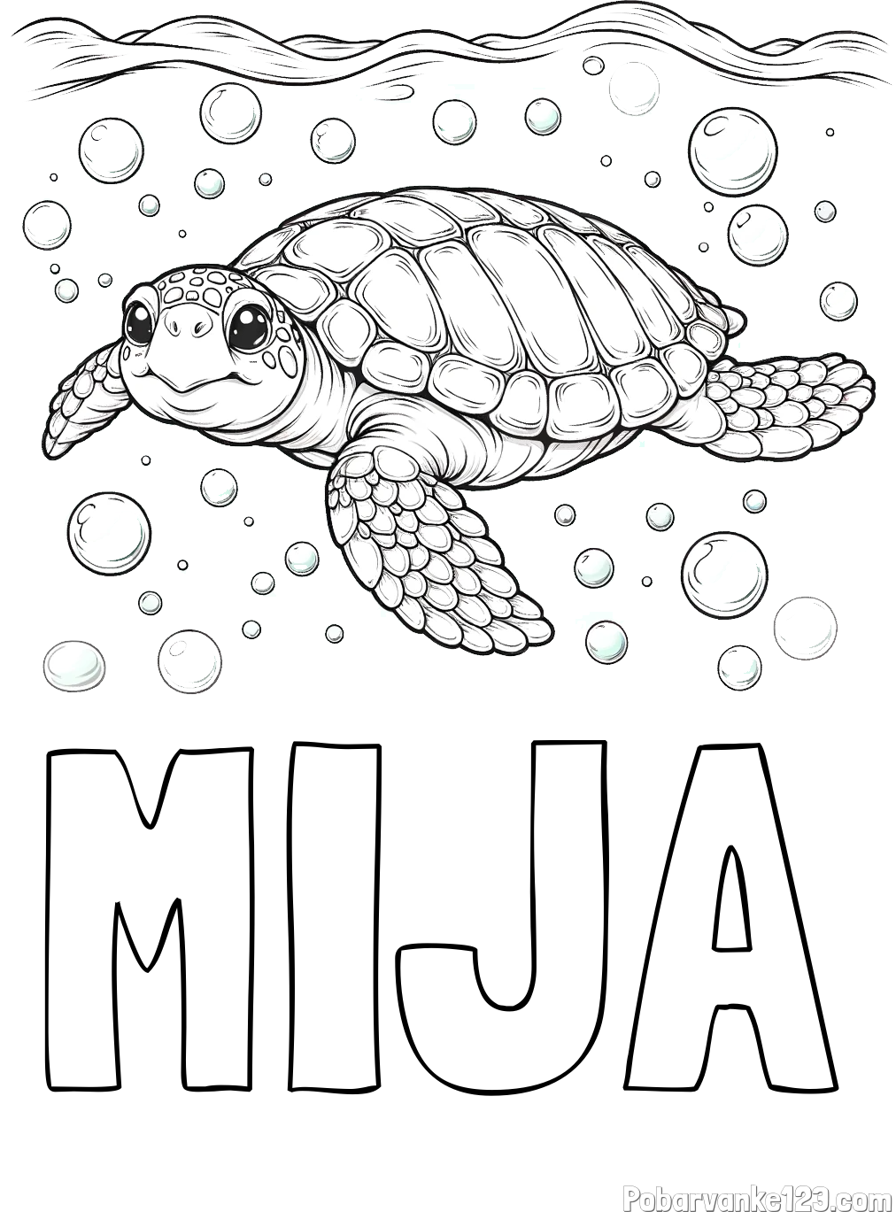 Pobarvanka imena MIJA in pobarvanka želve v morju