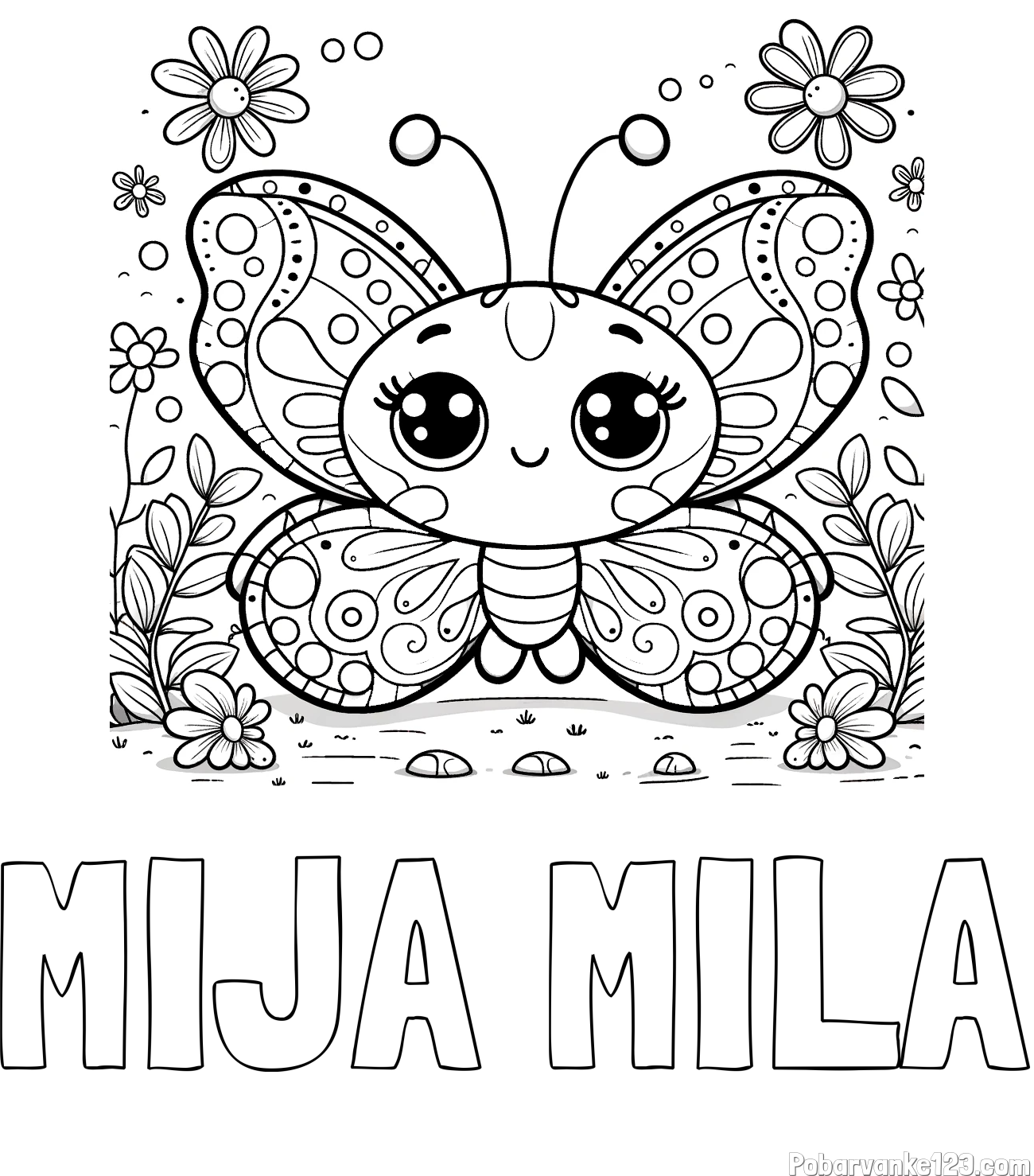 Pobarvanka imena MIJA MILA in pobarvanka ljubkega metuljčka