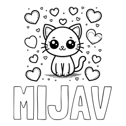 Online izdelana pobarvanka - Pobarvanka imena MIJAV in pobarvanka ljubke mucke obdane z veliko srčki