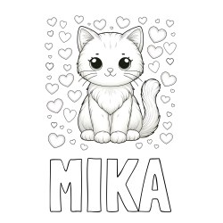 Online izdelana pobarvanka - Pobarvanka imena MIKA in pobarvanka ljubke mucke obdane s srčki