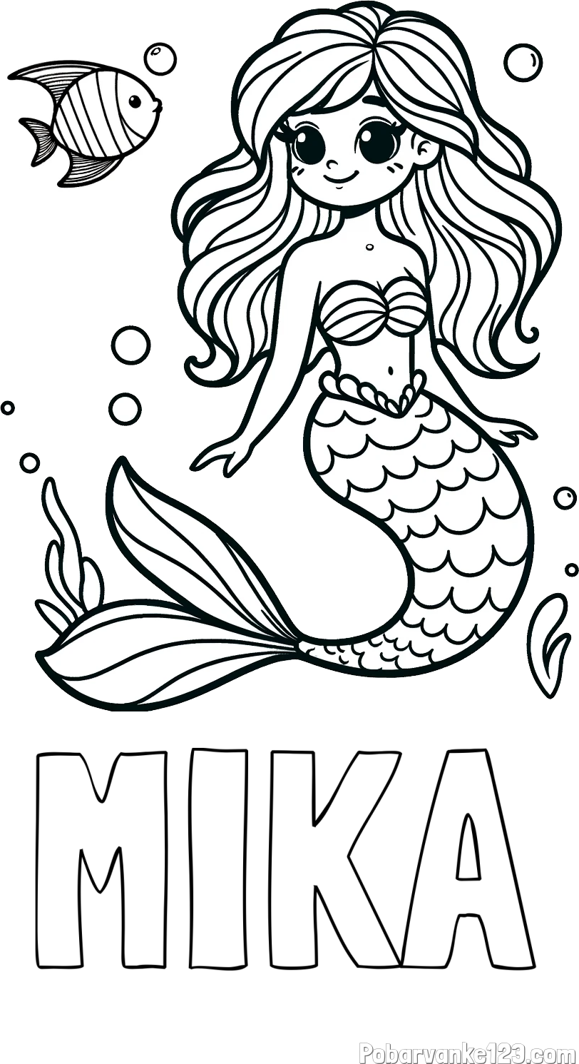 Pobarvanka imena MIKA in pobarvanka male morske deklice in ribice