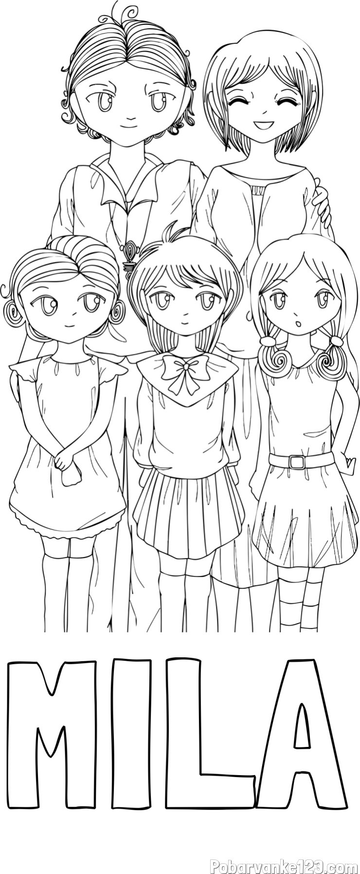 Pobarvanka imena MILA in anime risani junaki
