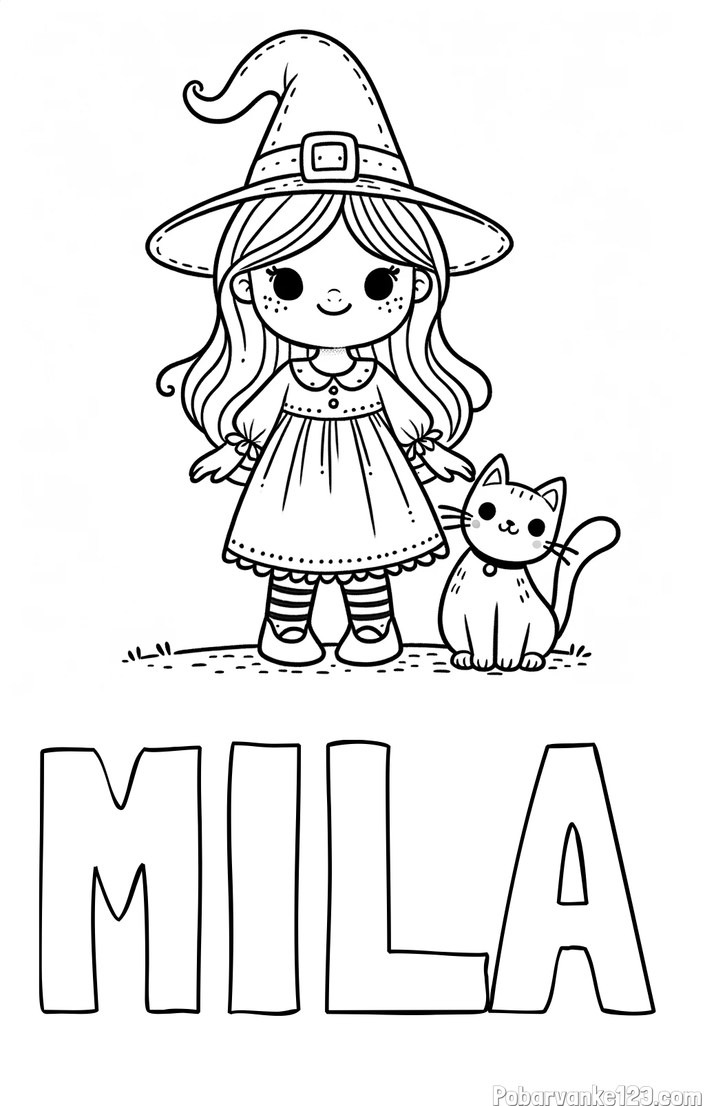 Pobarvanka imena MILA in Čudovita pobarvanka ljubke čarovnice in nasmejane mačke