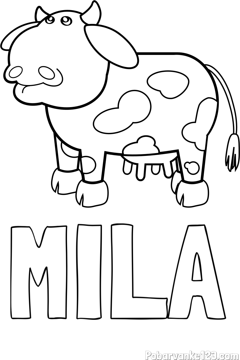 Pobarvanka imena MILA in otroška pobarvanka smešne krave