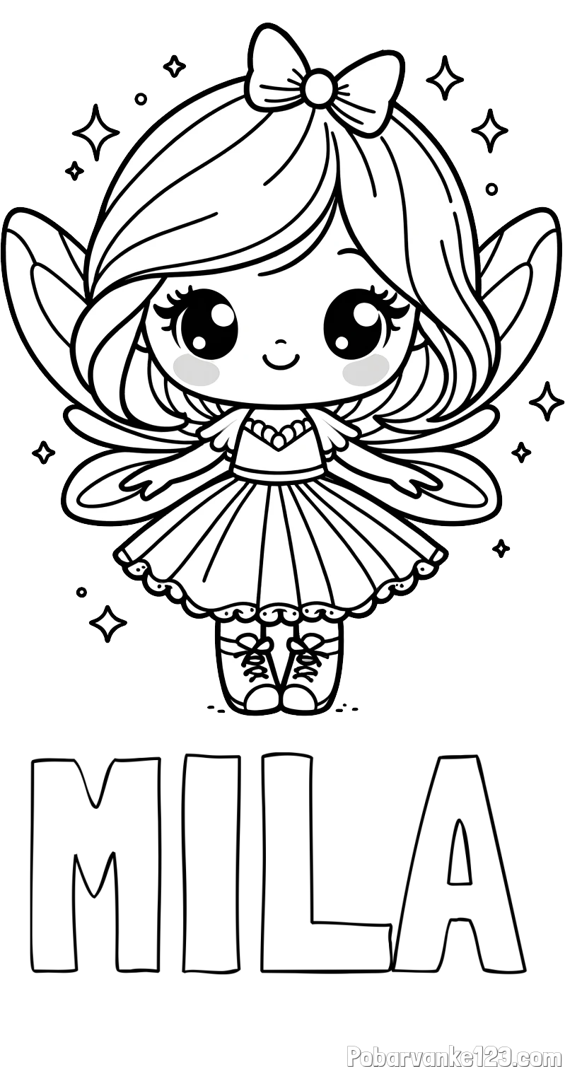 Pobarvanka imena MILA in pobarvanka čarobne vile z ljubkim obrazom