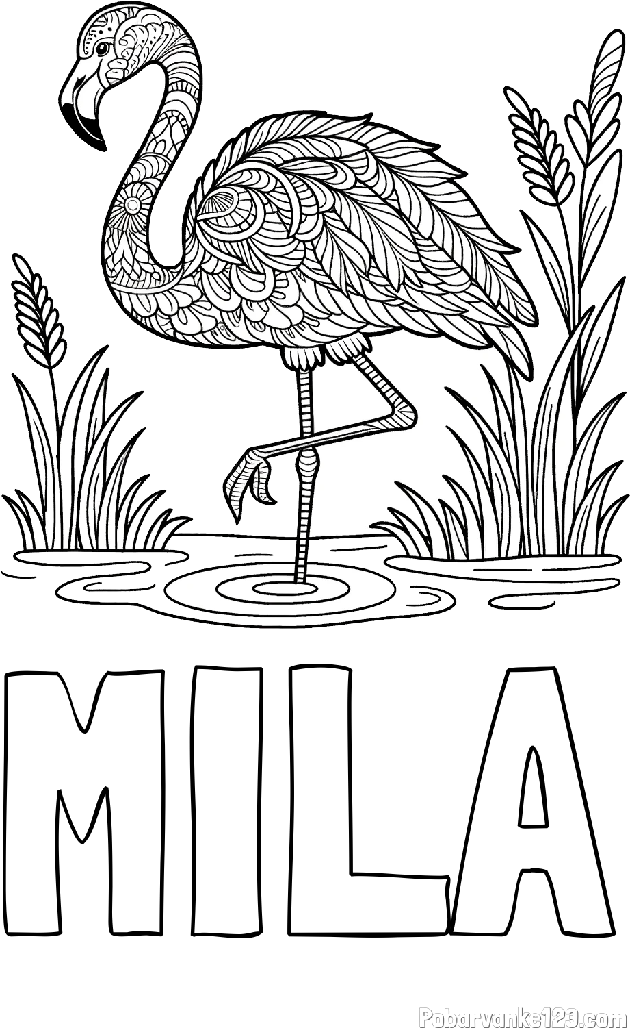Pobarvanka imena MILA in pobarvanka flaminga z abstraktnimi vzorci