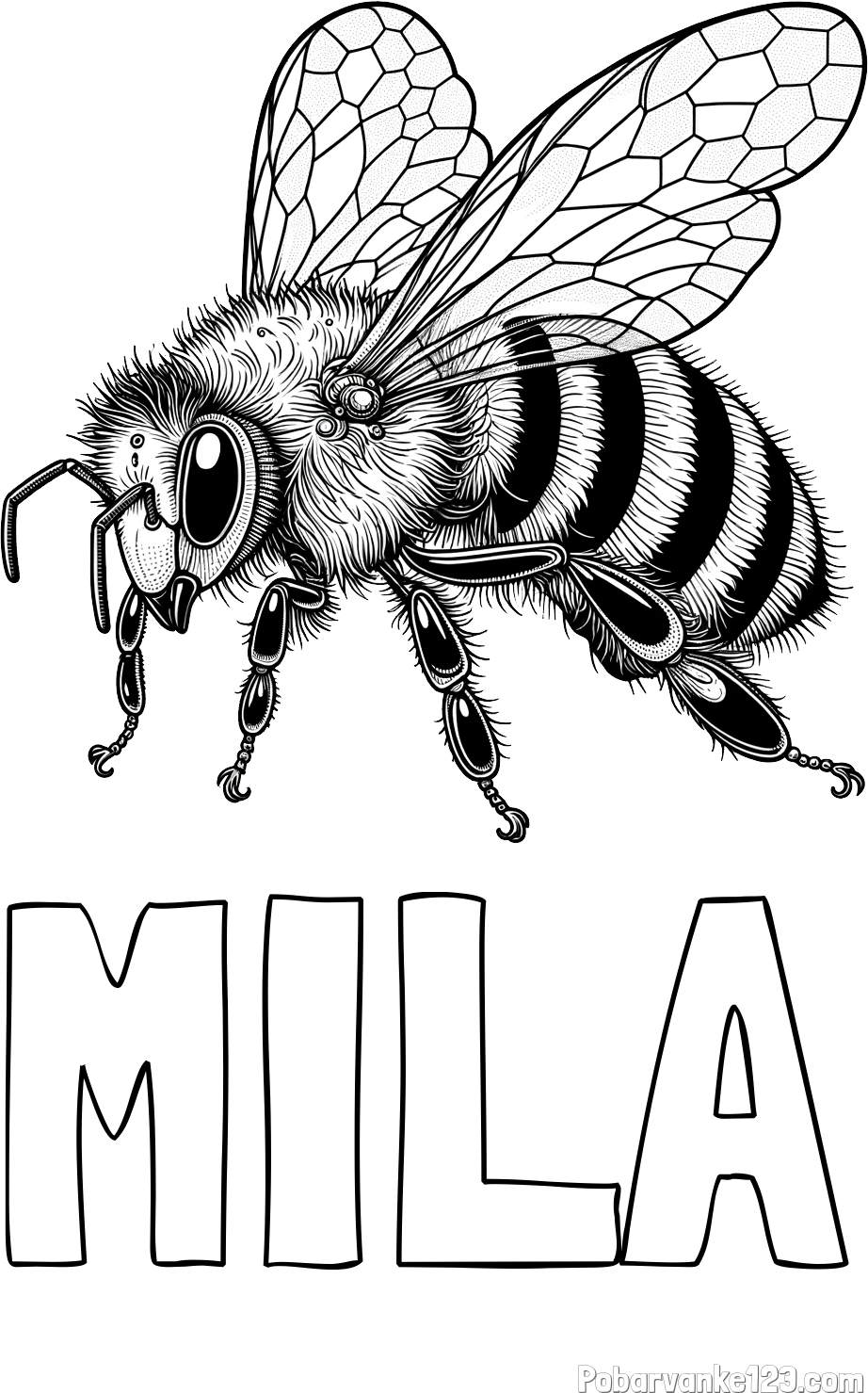 Pobarvanka imena MILA in pobarvanka lepe in realistično oblikovane čebele