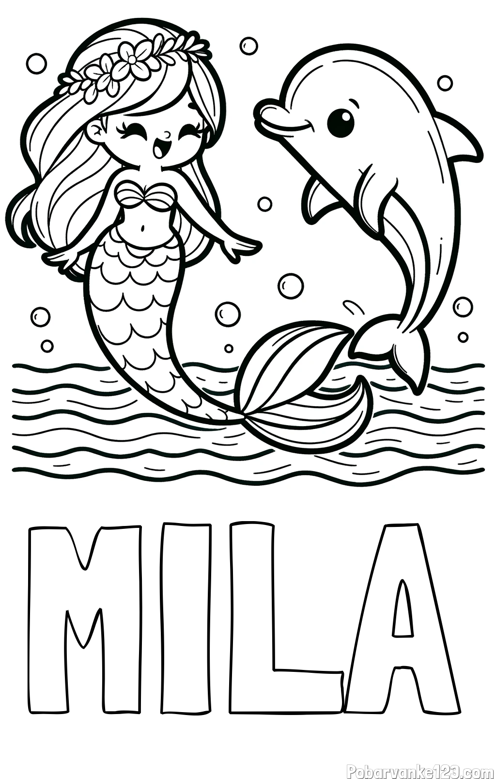 Pobarvanka imena MILA in pobarvanka ljubke morske deklice, ki pleše z delfinom
