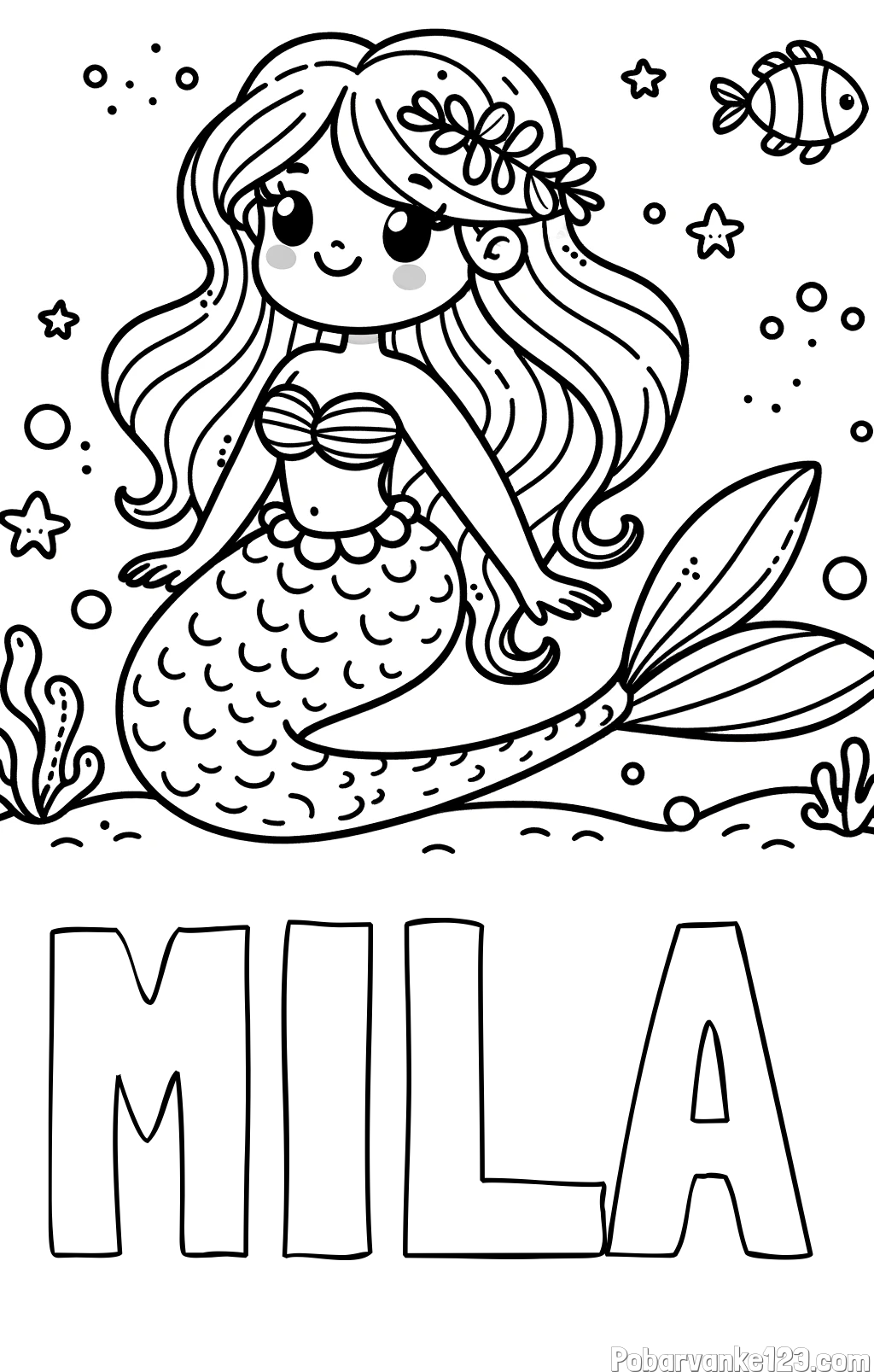 Pobarvanka imena MILA in pobarvanka ljubke morske deklice v morju