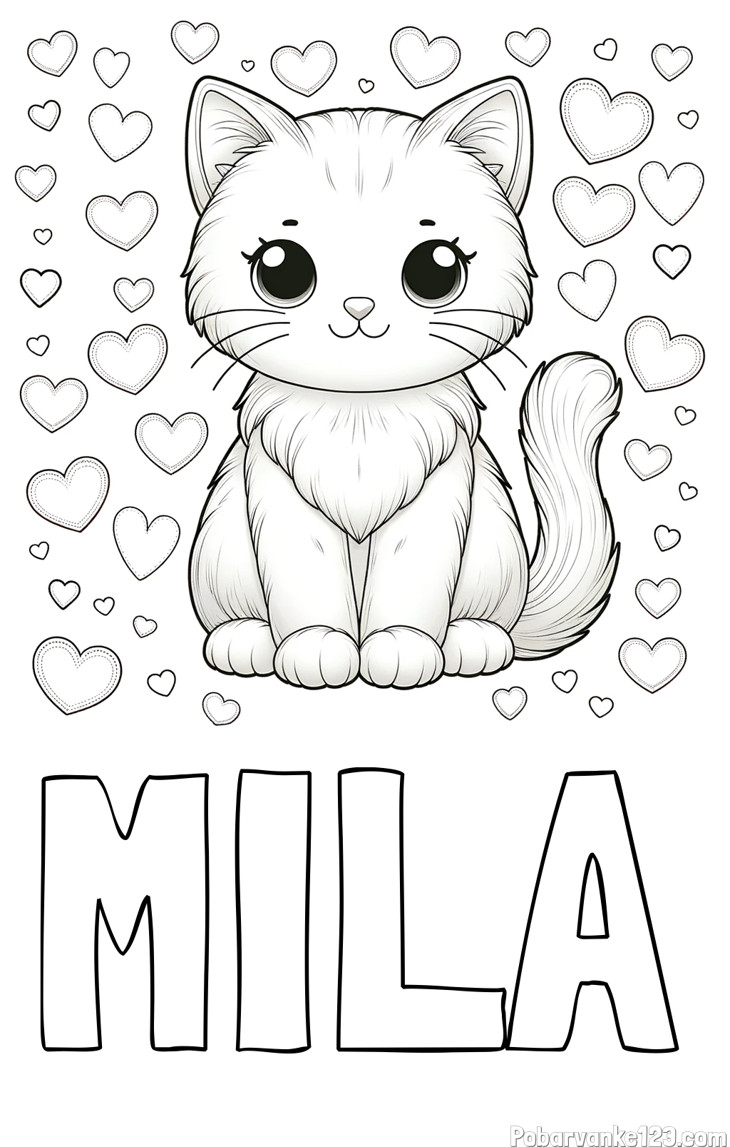 Pobarvanka imena MILA in pobarvanka ljubke mucke obdane s srčki