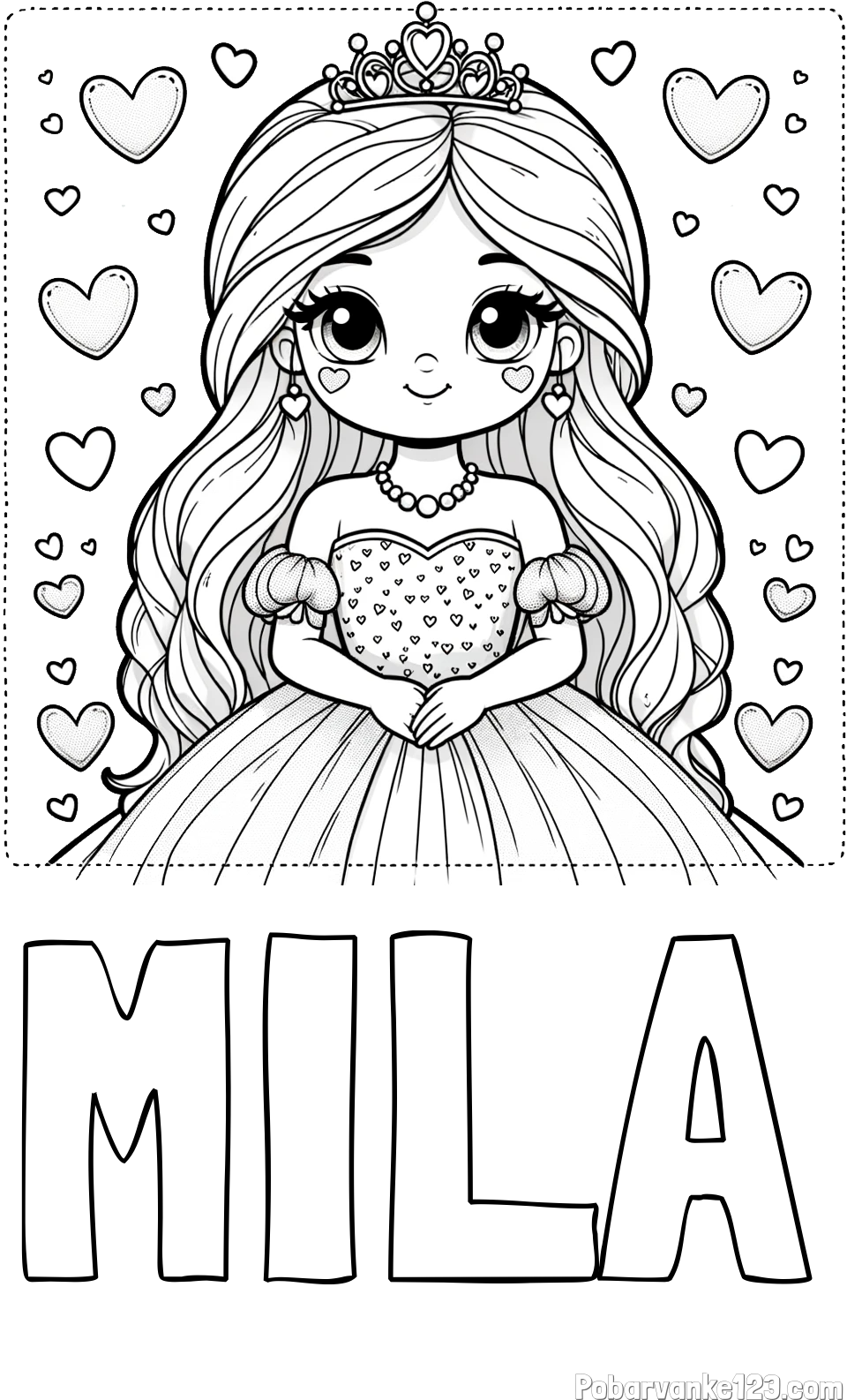 Pobarvanka imena MILA in pobarvanka ljubke princese obdane s srčki