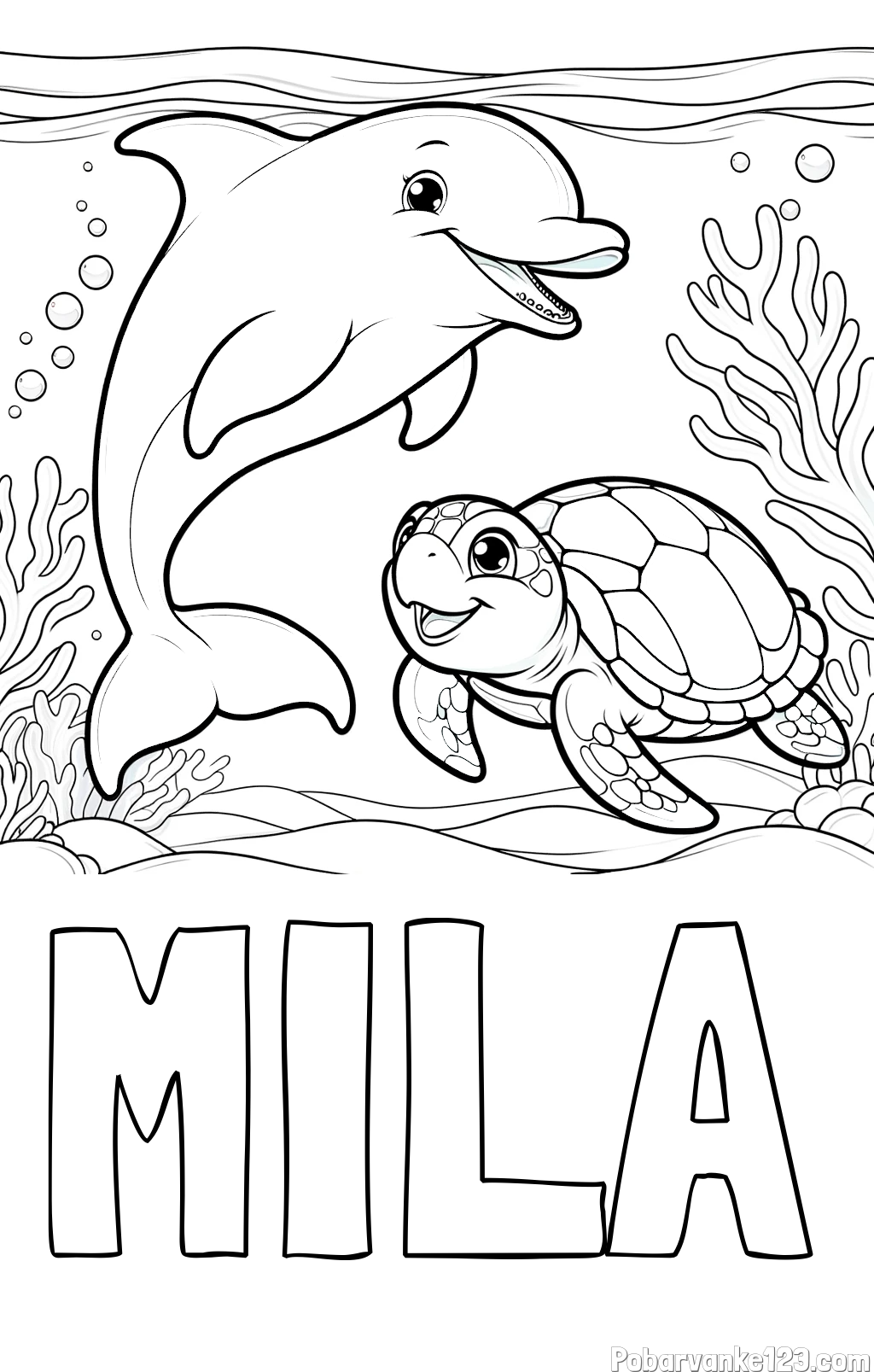 Pobarvanka imena MILA in pobarvanka ljubkega delfina z želvo v morju