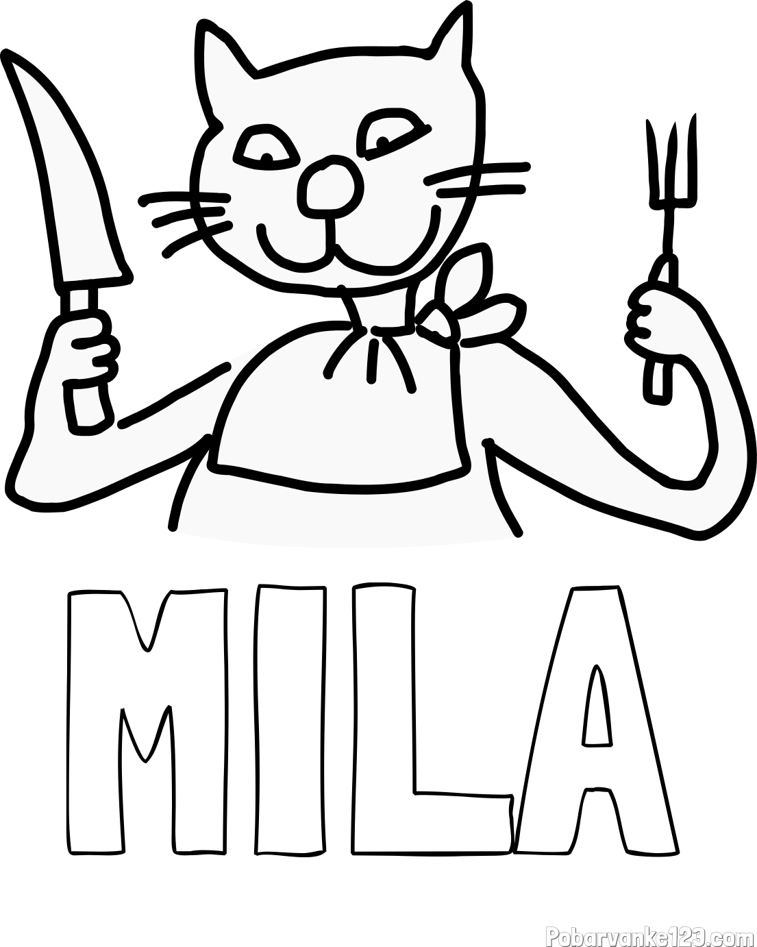 Pobarvanka imena MILA in pobarvanka mačke pri kosilu