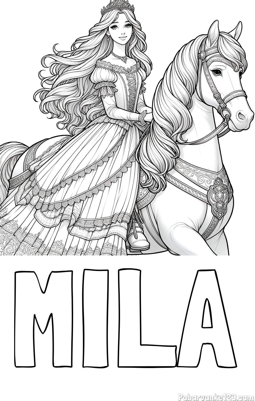 Pobarvanka imena MILA in pobarvanka nasmejana princese na konju