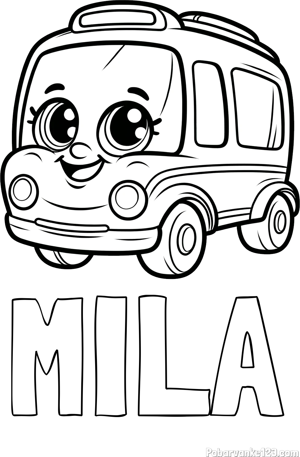 Pobarvanka imena MILA in pobarvanka nasmejanega avtobusa