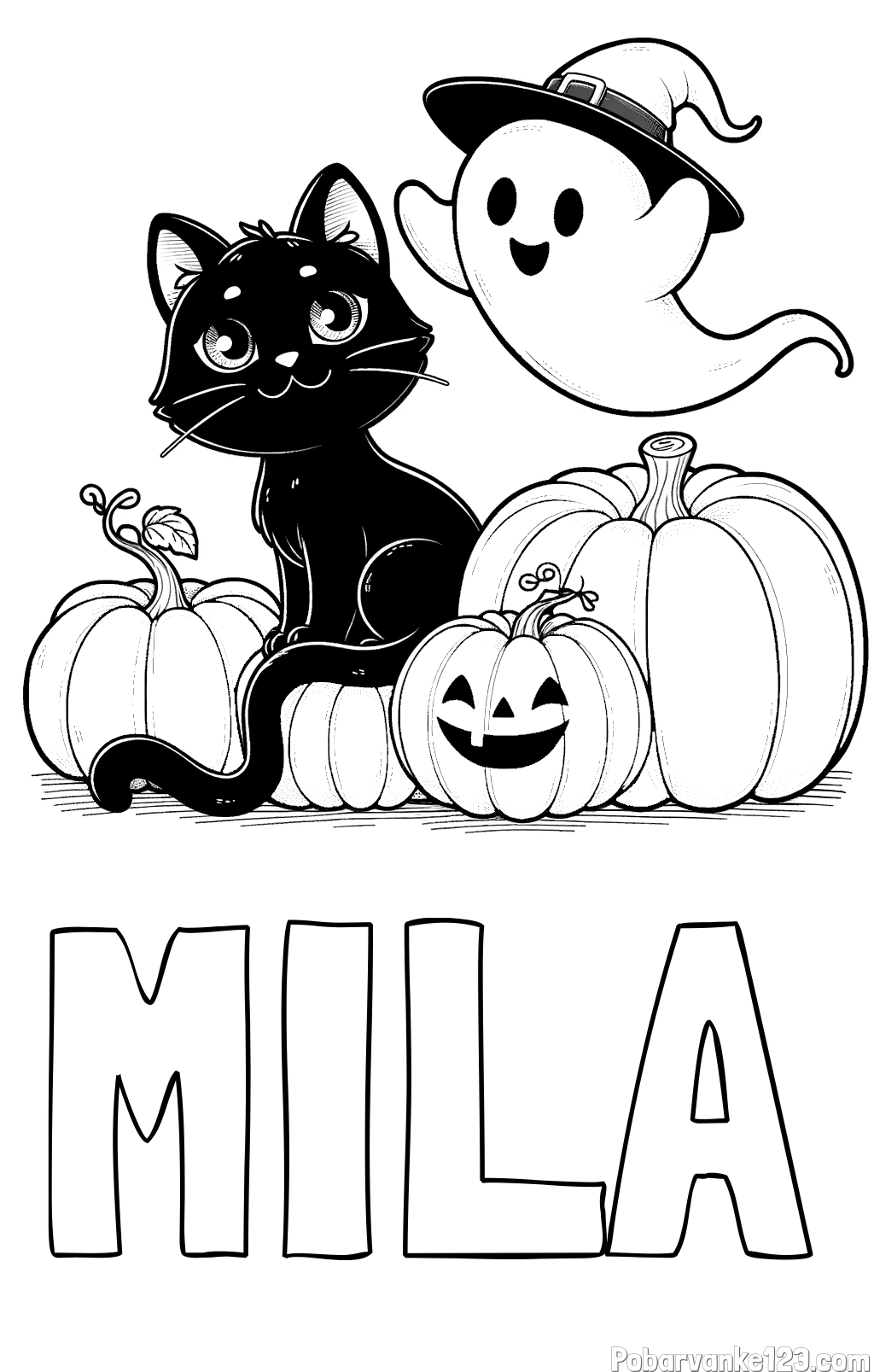Pobarvanka imena MILA in pobarvanka prijaznega duhca, črne mačke ter buč za noč čarovnic