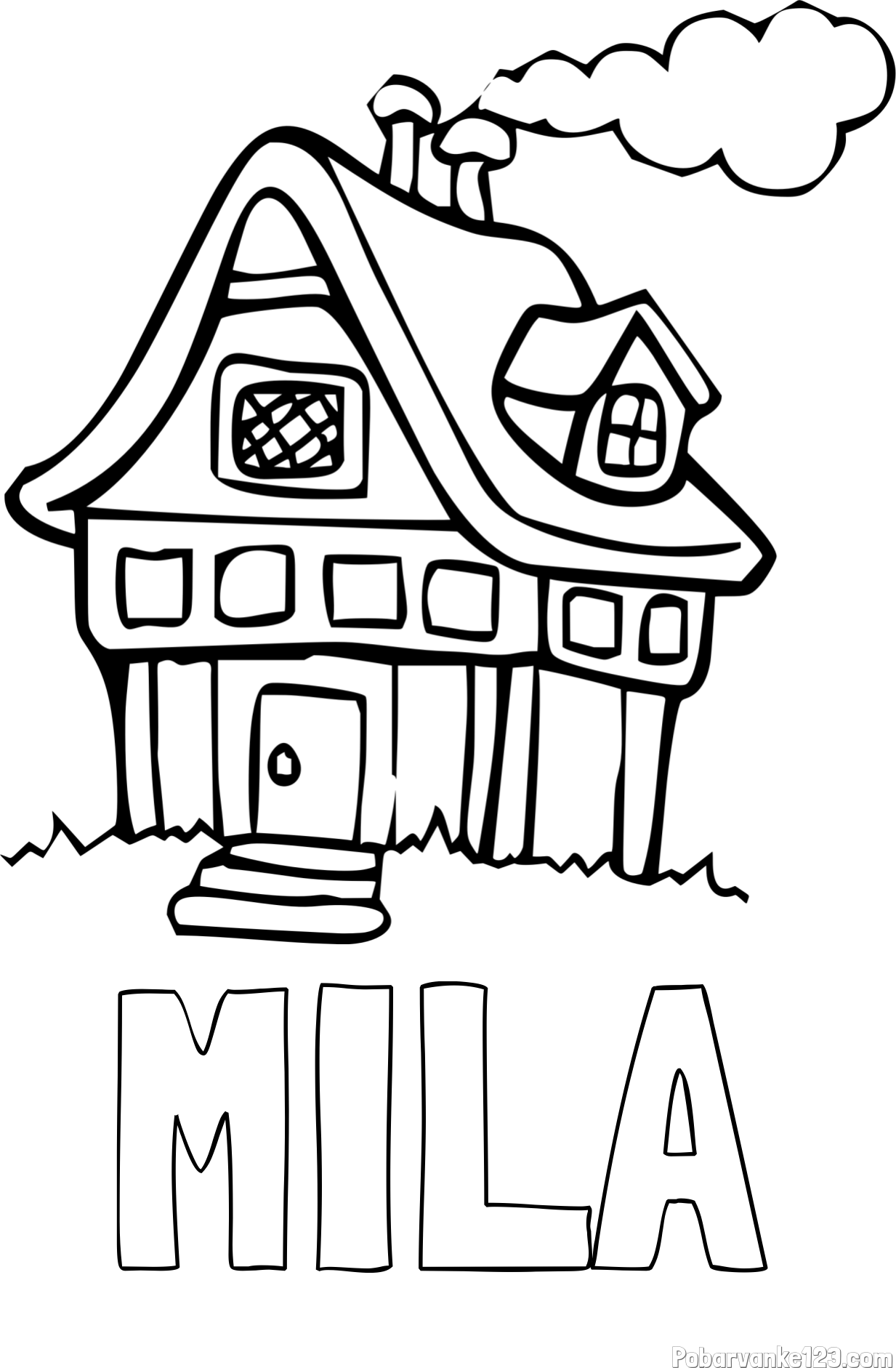 Pobarvanka imena MILA in pobarvanka prikupne hiške