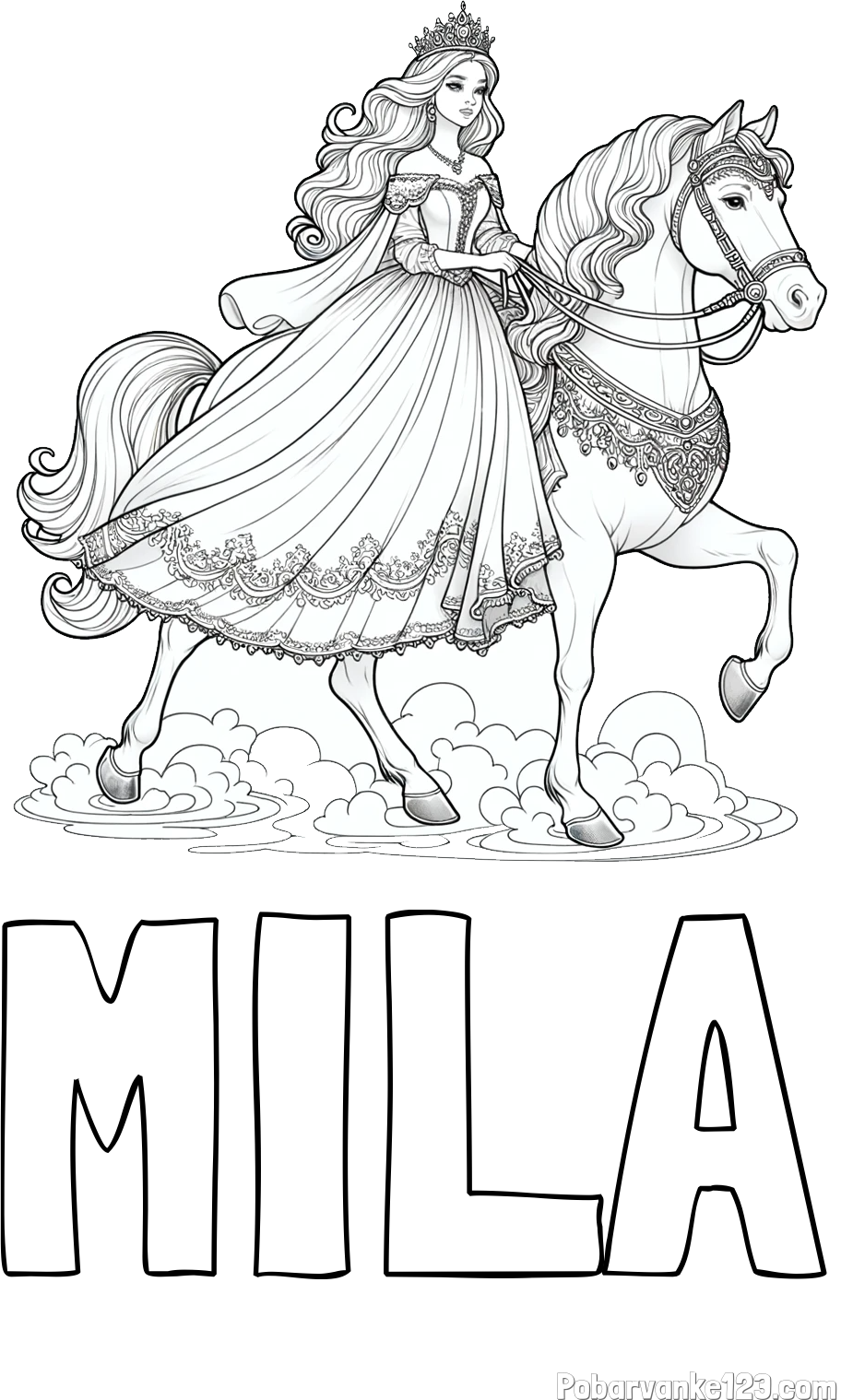 Pobarvanka imena MILA in pobarvanka princese na konju