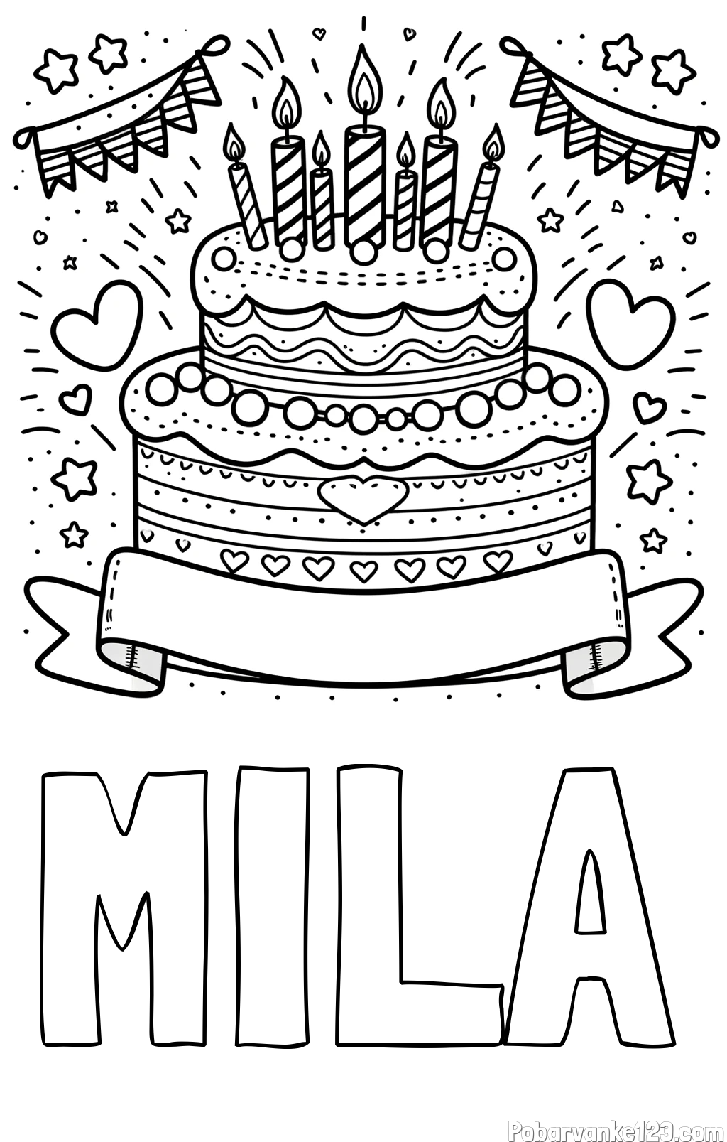 Pobarvanka imena MILA in pobarvanka velike torte za rojstni dan