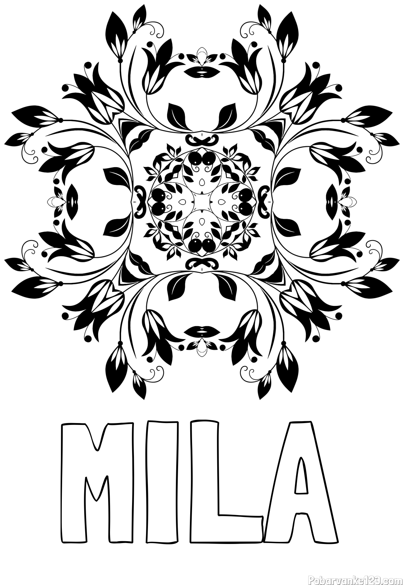 Pobarvanka imena MILA in pobarvnaka mandale (rože)