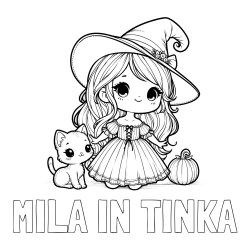 Online izdelana pobarvanka - Pobarvanka imena MILA IN TINKA in pobarvanka ljubke čarovnice, muce in buče