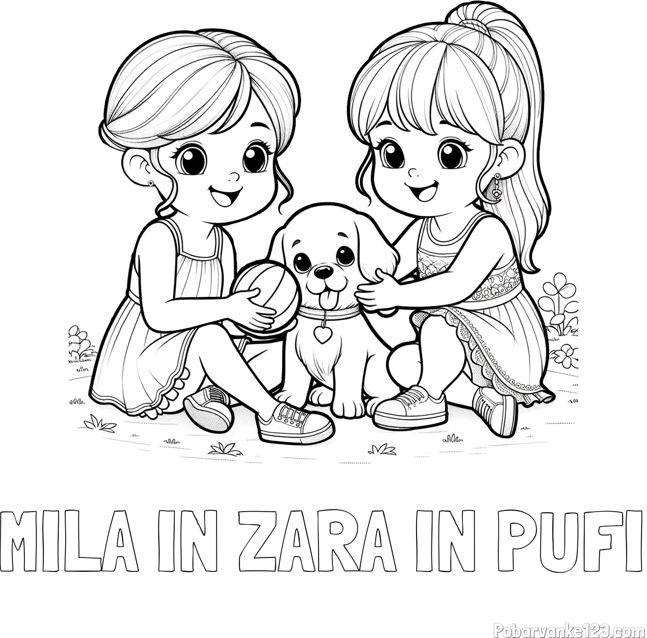 Pobarvanka imena MILA IN ZARA IN PUFI in pobarvanka prijateljic s kužkom
