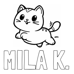 Online izdelana pobarvanka - Pobarvanka imena MILA K. in pobarvanka prikupne mačke med tekom