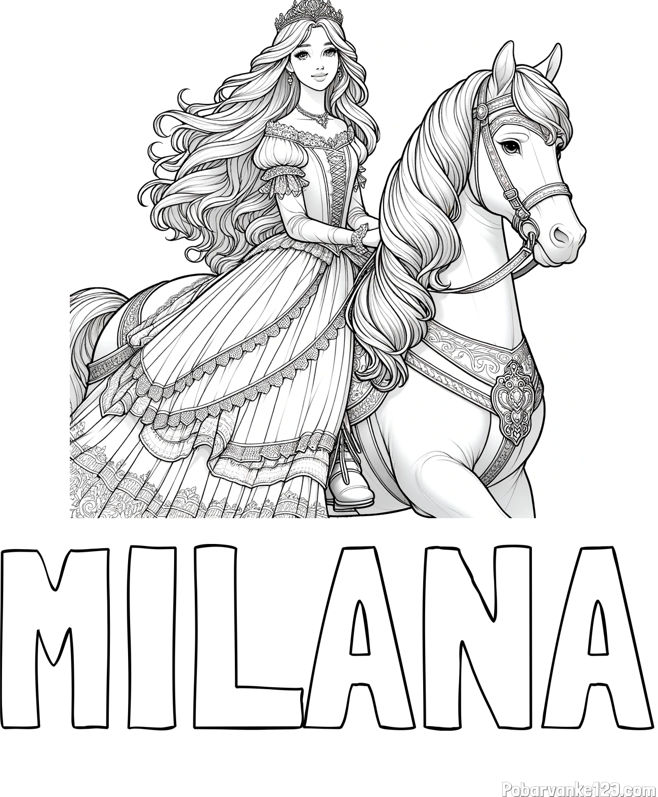 Pobarvanka imena MILANA in pobarvanka nasmejana princese na konju
