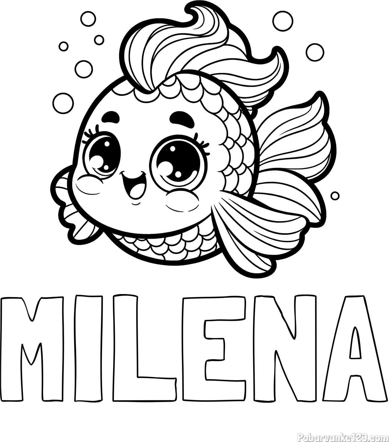 Pobarvanka imena MILENA in pobarvanka ljubke pravljične ribe