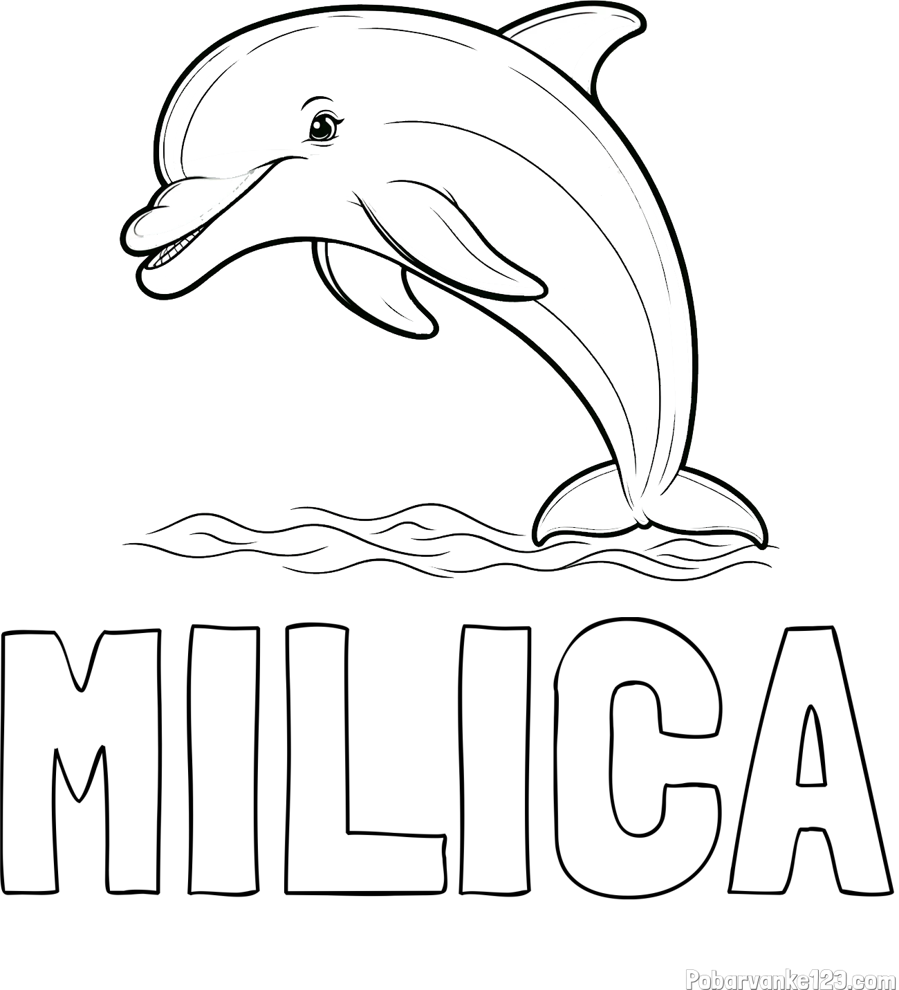 Pobarvanka imena MILICA in otroška pobarvanka nasmejanega delfina v skoku