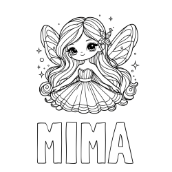 Online izdelana pobarvanka - Pobarvanka imena MIMA in pobarvanka ljubke in nasmejane čarobne vile
