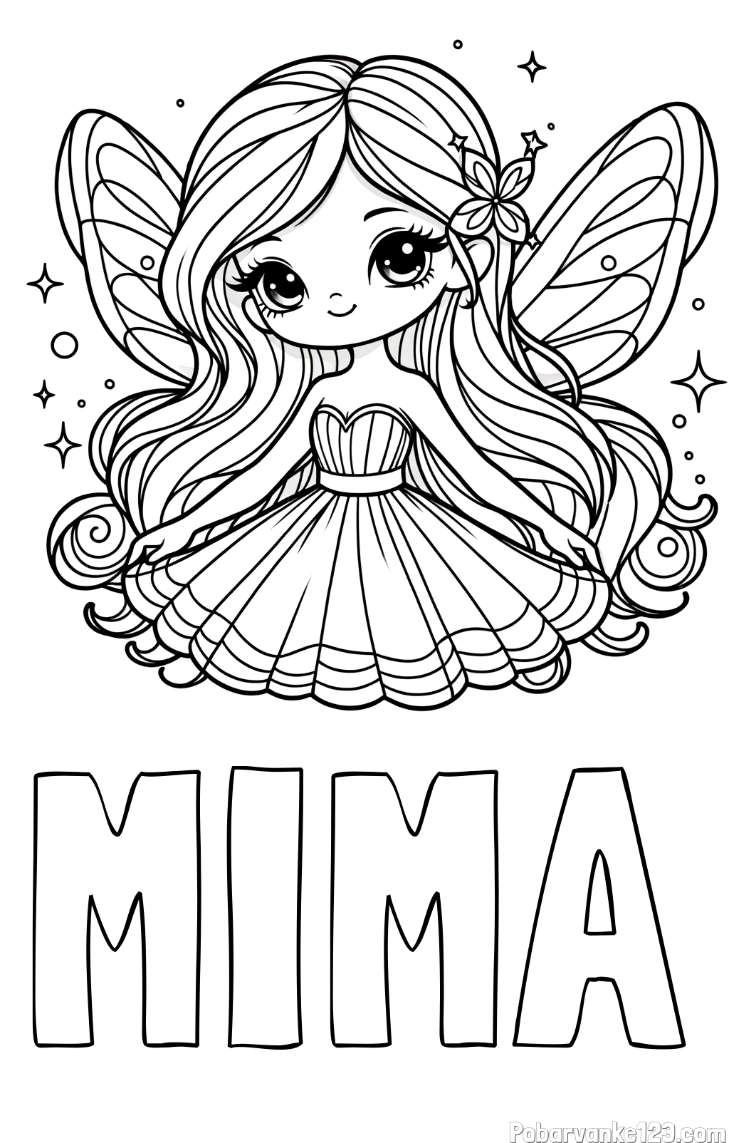 Pobarvanka imena MIMA in pobarvanka ljubke in nasmejane čarobne vile