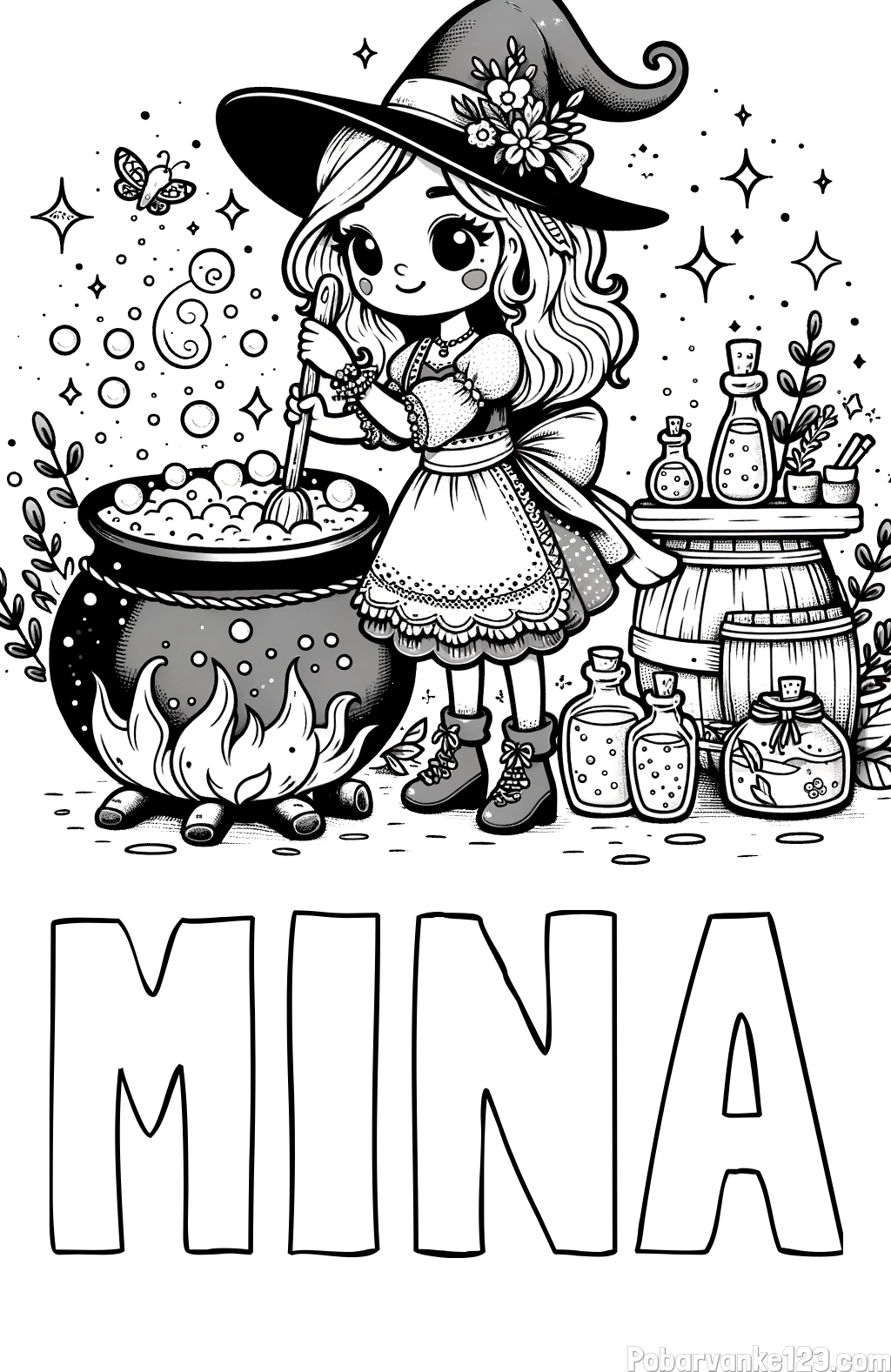 Pobarvanka imena MINA in pobarvanka prikupna čarovnica, ki pripravlja čarobni napoj