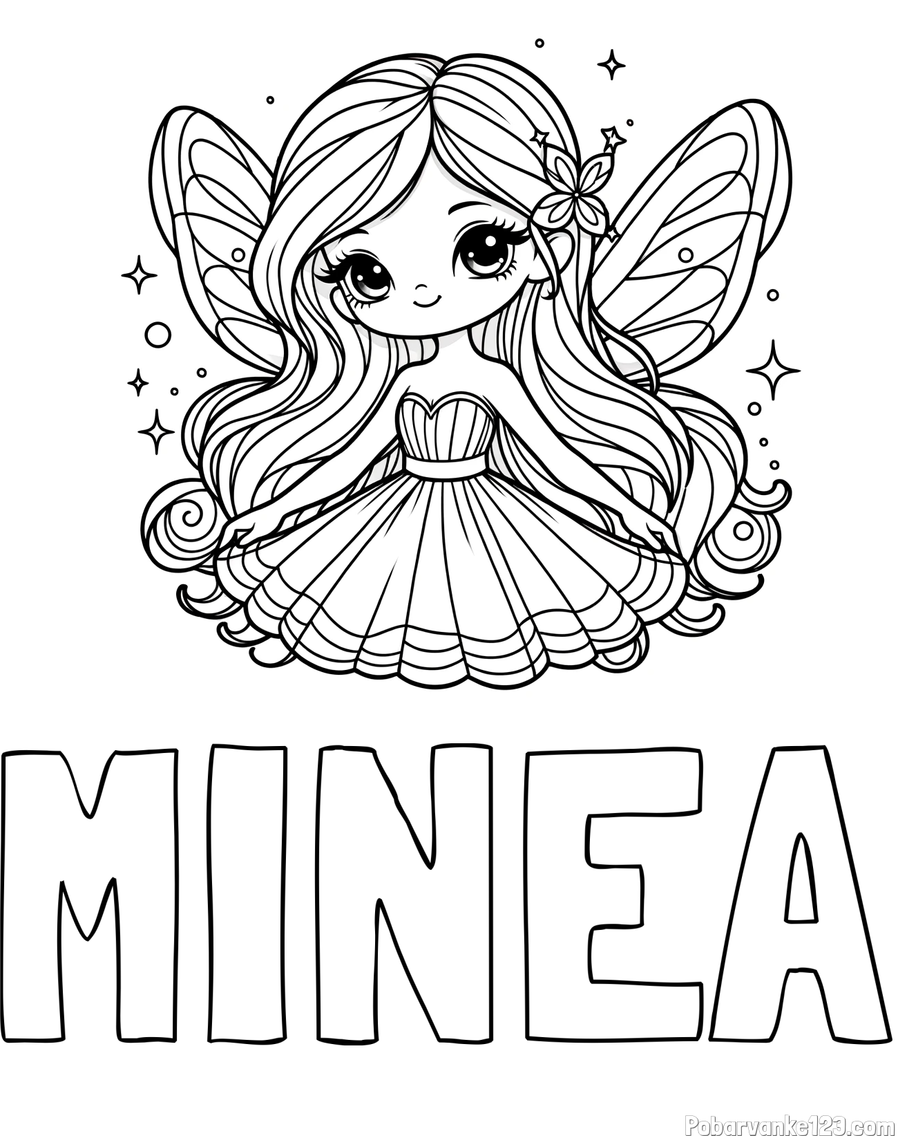 Pobarvanka imena MINEA in pobarvanka ljubke in nasmejane čarobne vile