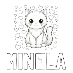 Online izdelana pobarvanka - Pobarvanka imena MINELA in pobarvanka ljubke mucke obdane s srčki