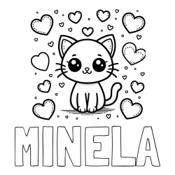 Online izdelana pobarvanka - Pobarvanka imena MINELA in pobarvanka ljubke mucke obdane z veliko srčki