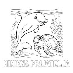 Online izdelana pobarvanka - Pobarvanka imena MINIKNA PRIJATELJA in pobarvanka ljubkega delfina z želvo v morju