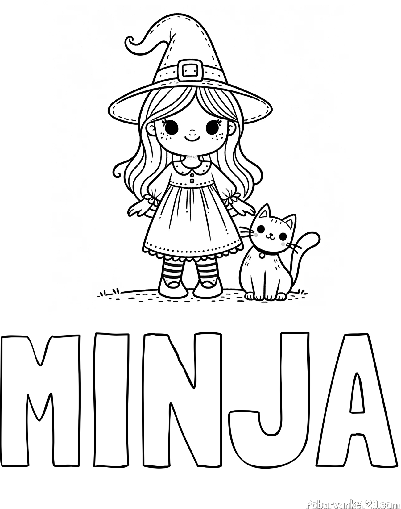 Pobarvanka imena MINJA in Čudovita pobarvanka ljubke čarovnice in nasmejane mačke
