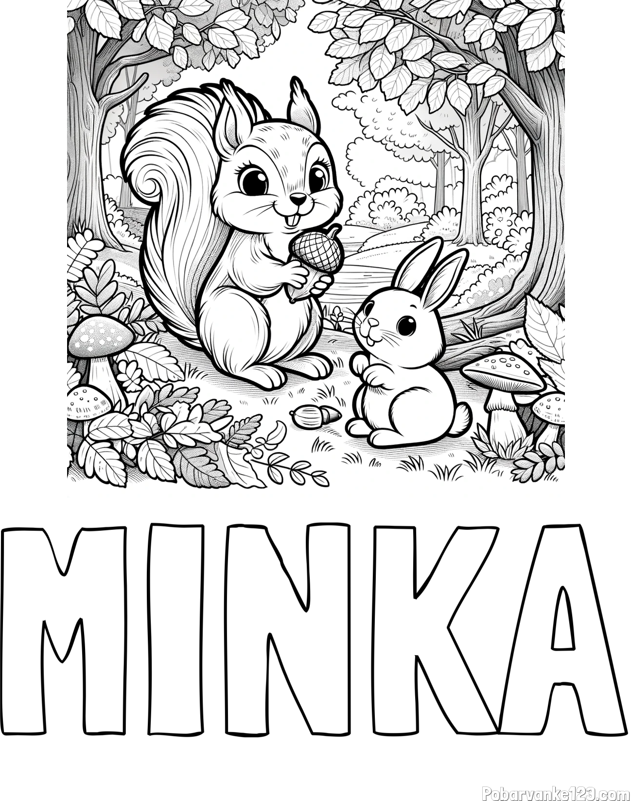 Pobarvanka imena MINKA in pobarvanka veveričke in zajčka v gozdu