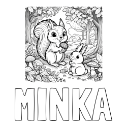 Online izdelana pobarvanka - Pobarvanka imena MINKA in pobarvanka veveričke in zajčka v gozdu