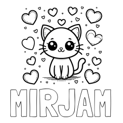 Online izdelana pobarvanka - Pobarvanka imena MIRJAM in pobarvanka ljubke mucke obdane z veliko srčki