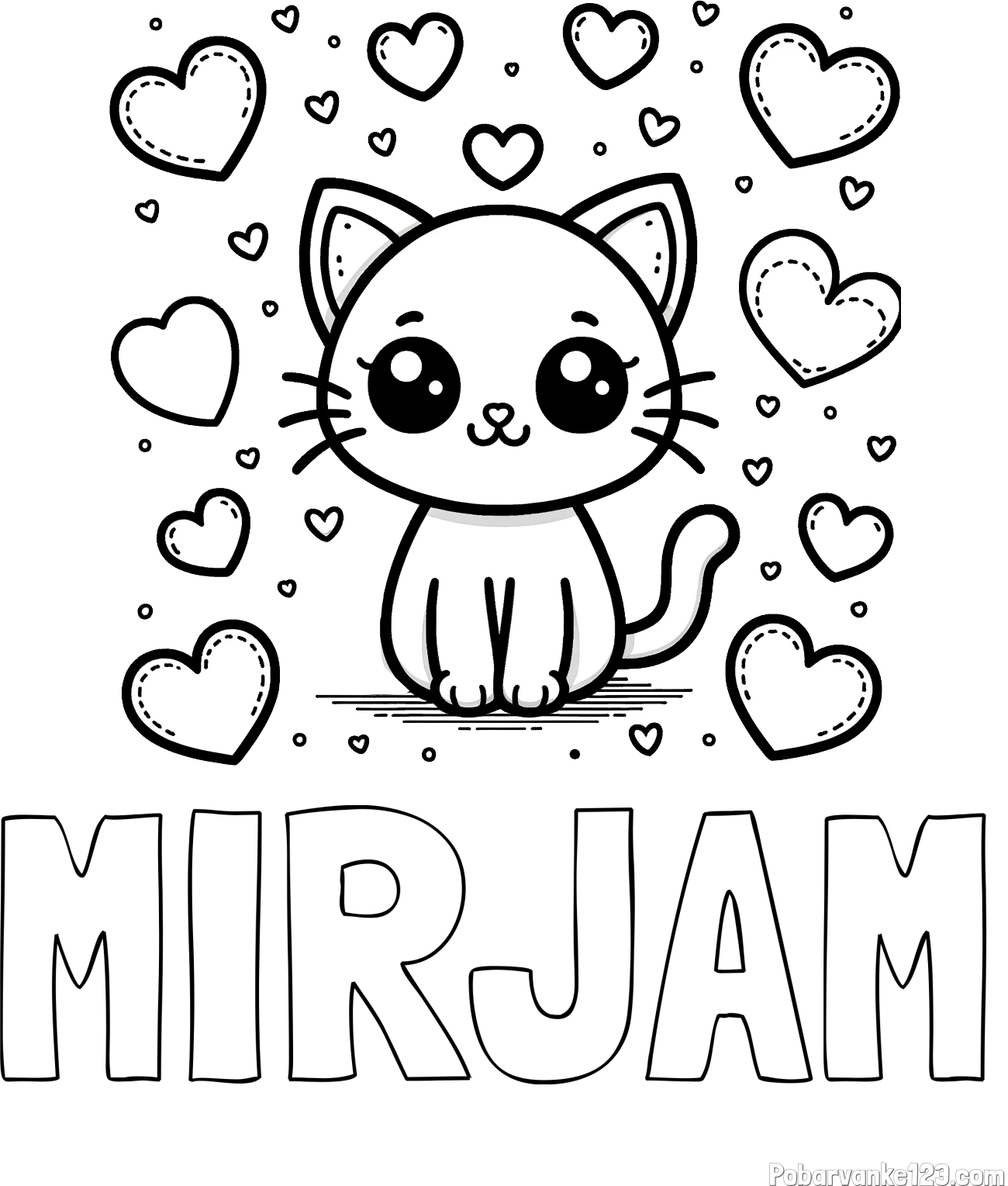 Pobarvanka imena MIRJAM in pobarvanka ljubke mucke obdane z veliko srčki