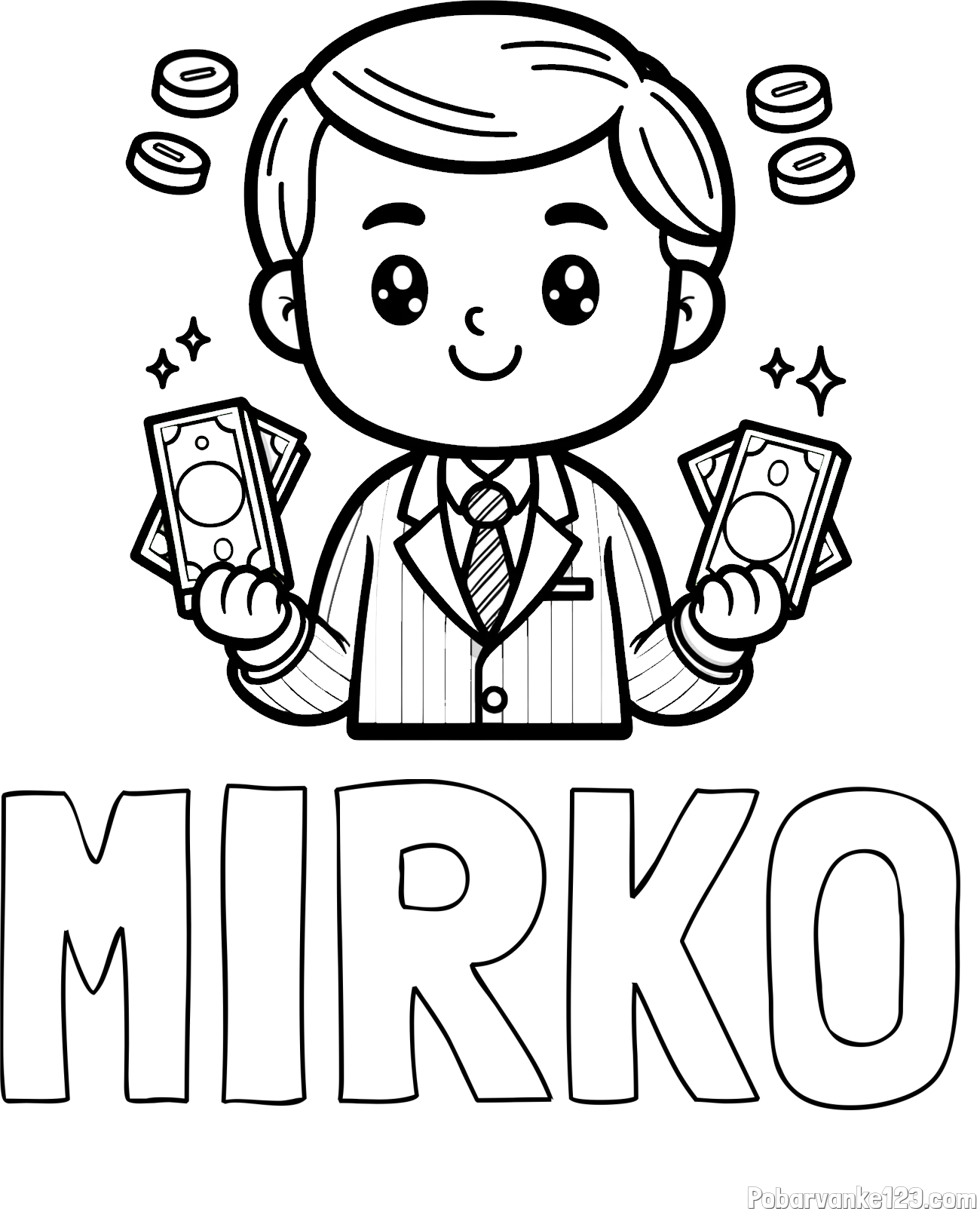 Pobarvanka imena MIRKO in otroška pobarvanka bankirja z veliko denarja