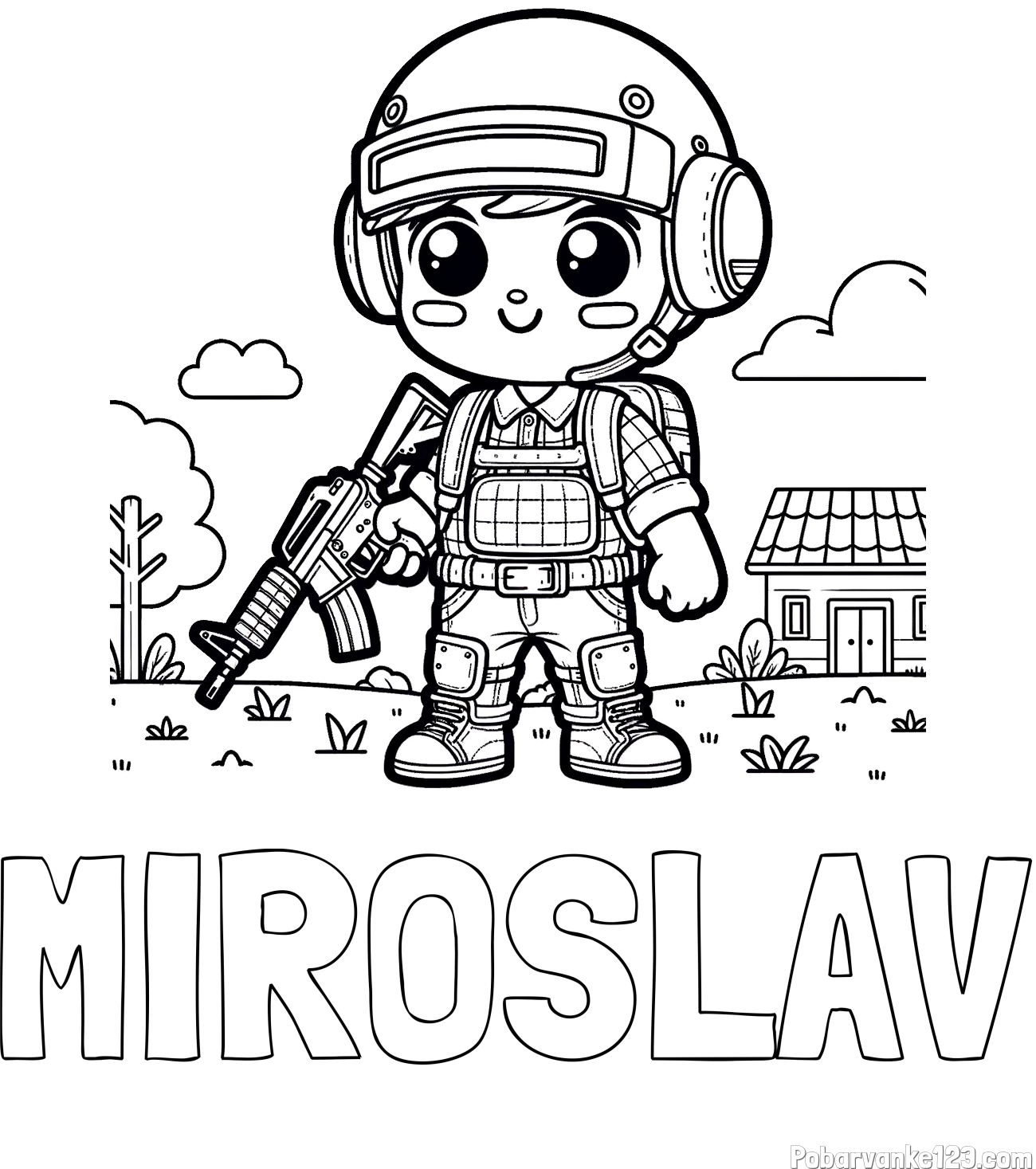 Pobarvanka imena MIROSLAV in preprosta otroška PUBG pobarvanka