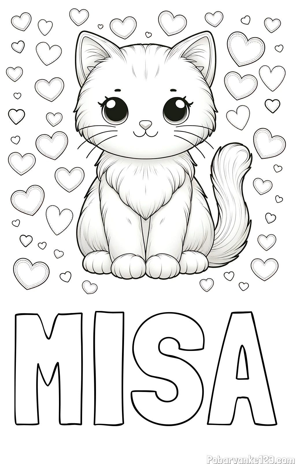 Pobarvanka imena MIŠA in pobarvanka ljubke mucke obdane s srčki