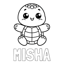 Online izdelana pobarvanka - Pobarvanka imena MIŠHA in otroška pobarvanka ljubke in nasmejane želvice