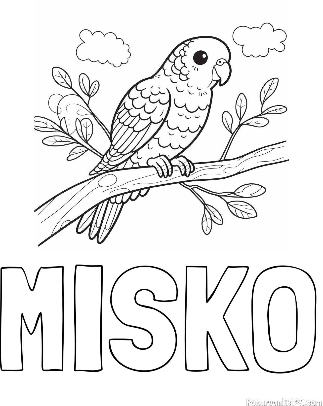 Pobarvanka imena MIŠKO in pobarvanka ljubkega kanarčka na veji